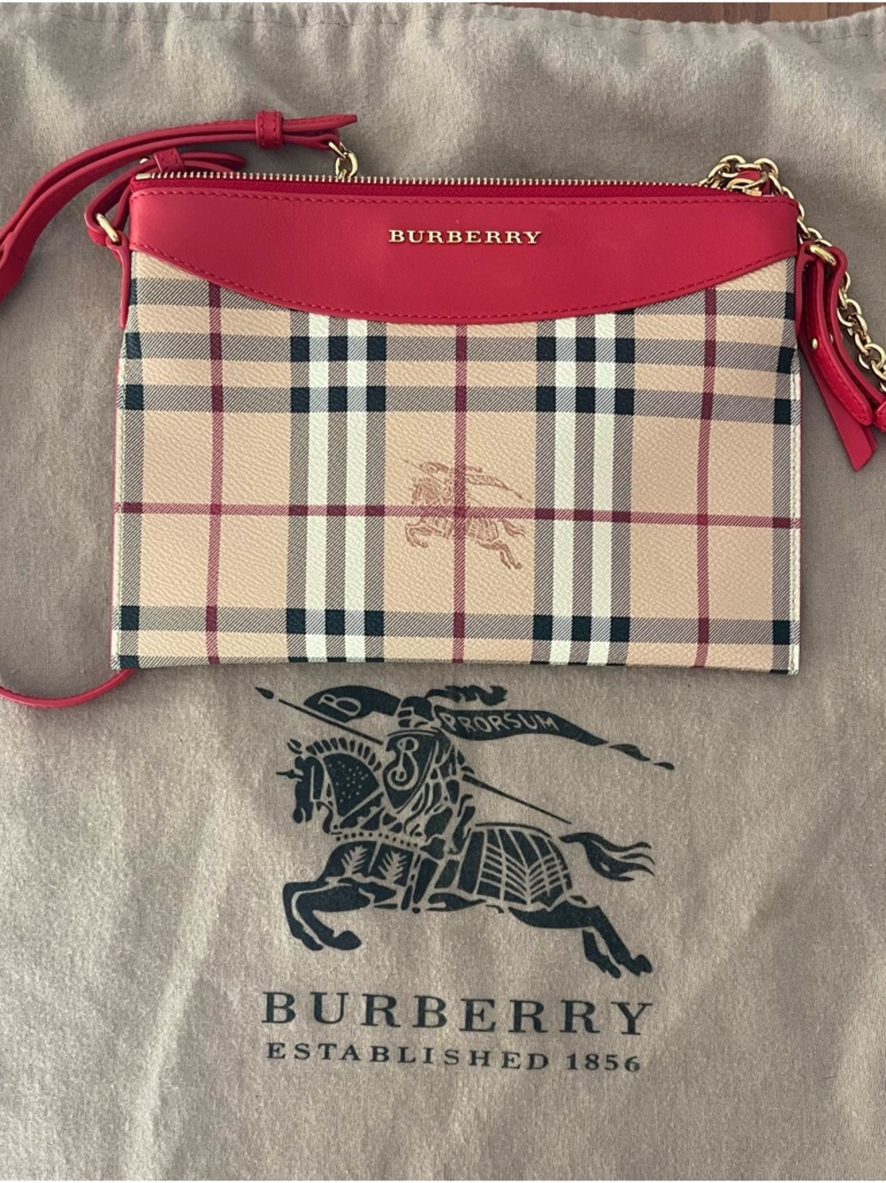 Burberry Peyton Crossbody Haymarket Check Red Trim / Excellent
